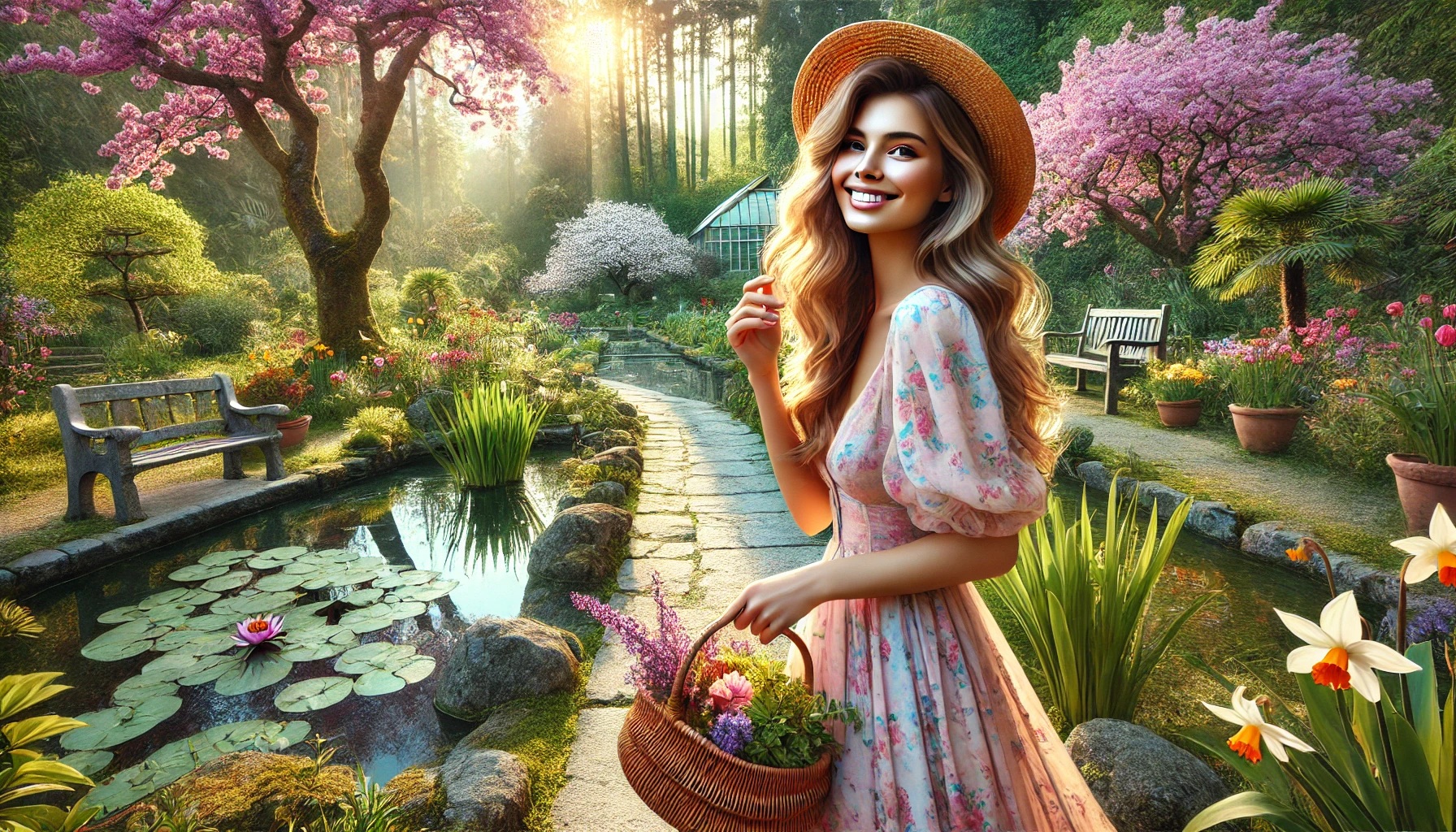 A cheerful young woman in a flowing pastel dress and straw hat walks through a vibrant botanical garden, admiring the blooming flowers and lush greenery along a stone pathway.