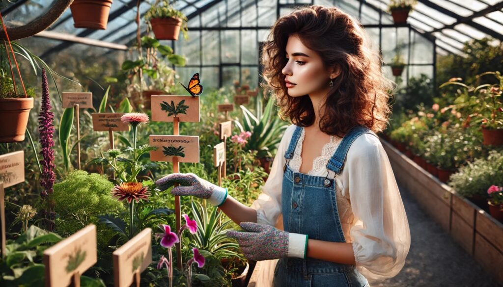 A young woman with curly brown hair, wearing denim overalls and gardening gloves, carefully examines a flowering plant while taking notes in a botanical garden filled with diverse plant species.