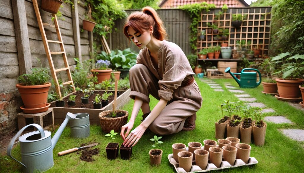 A young woman with auburn hair kneels on the grass in a cozy backyard garden, planting a flower with a watering can and seedling pots beside her, surrounded by lush greenery and a wooden fence.