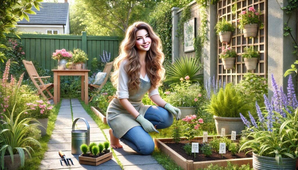 A young woman with wavy blonde hair is kneeling in a backyard garden, planting flowers in a raised bed. She is wearing a light blue gardening apron and gloves, smiling as she works. The garden is filled with colorful plants, potted flowers, and a trellis with climbing vines. A wooden fence and green hedges create a cozy outdoor space.