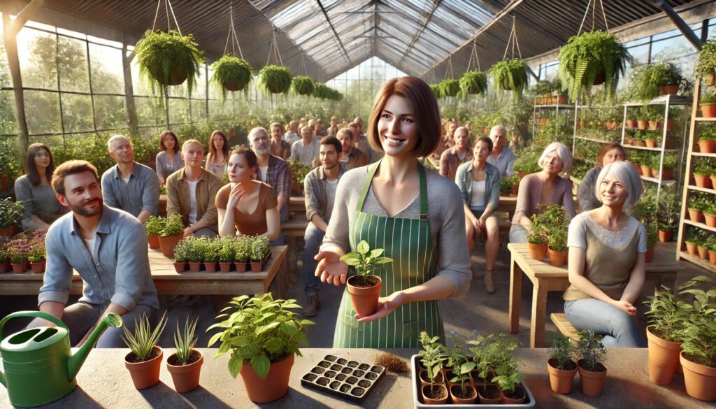 A group of people attending a hands-on gardening class at a greenhouse or garden center. A middle-aged woman in a green apron is demonstrating how to pot a plant, while the audience watches attentively. Rows of lush green plants and wooden benches fill the background, creating a welcoming learning environment.