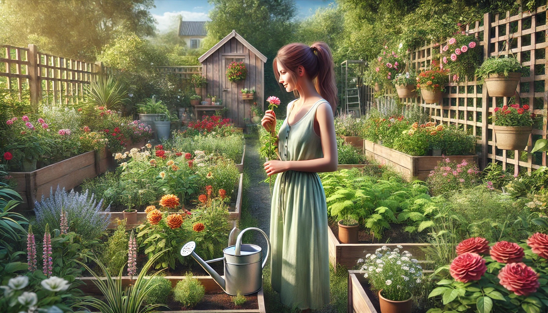 A young woman with brown hair tied in a ponytail is standing in a vibrant garden, holding a small watering can and touching a blooming flower. She is dressed in a light green summer dress, gardening gloves, and a straw hat. The background features raised garden beds, a wooden tool shed, a trellis with climbing roses, and a bright blue sky.