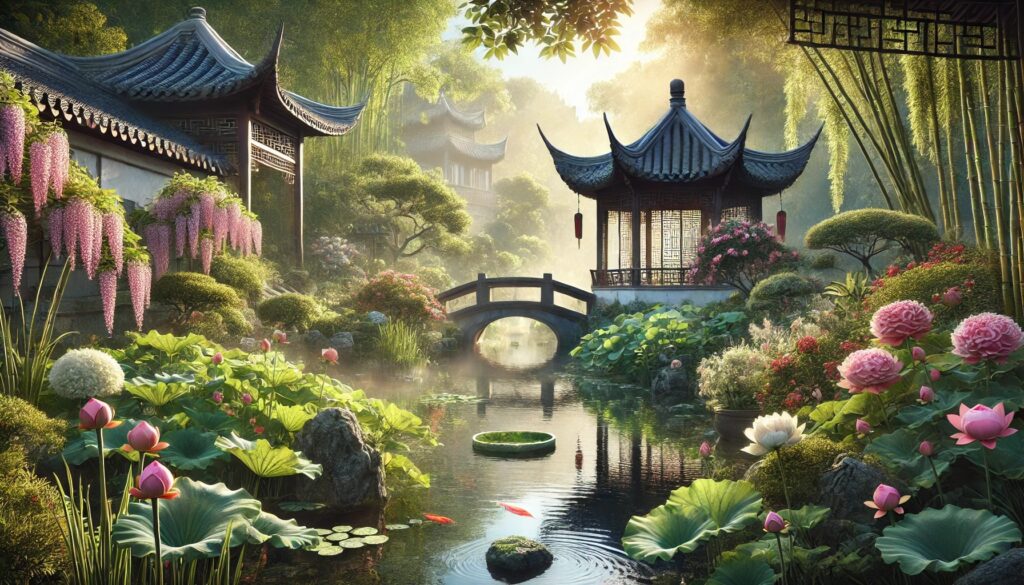 A tranquil traditional Chinese garden with a pond reflecting the sky, surrounded by lush greenery and blooming flowers. A stone bridge arches over the water, with koi fish swimming beneath. A wooden pavilion with intricate carvings stands in the background, blending harmoniously with nature.