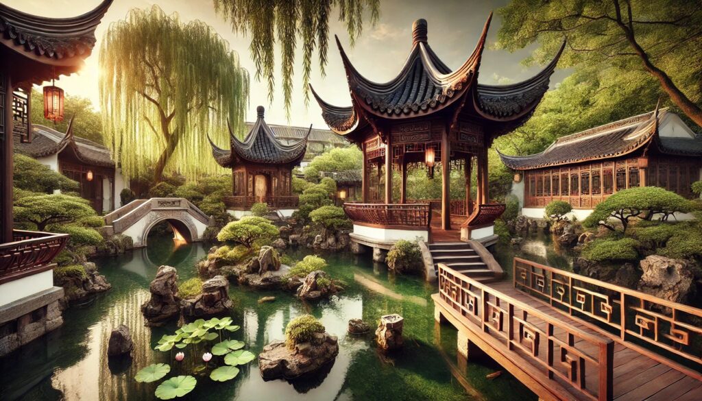 A picturesque Chinese garden showcasing traditional architecture and natural beauty. A wooden pavilion with curved eaves stands beside a pond with floating lotus flowers. A stone pathway winds past rock formations and weeping willow trees, with a small wooden bridge crossing the water.