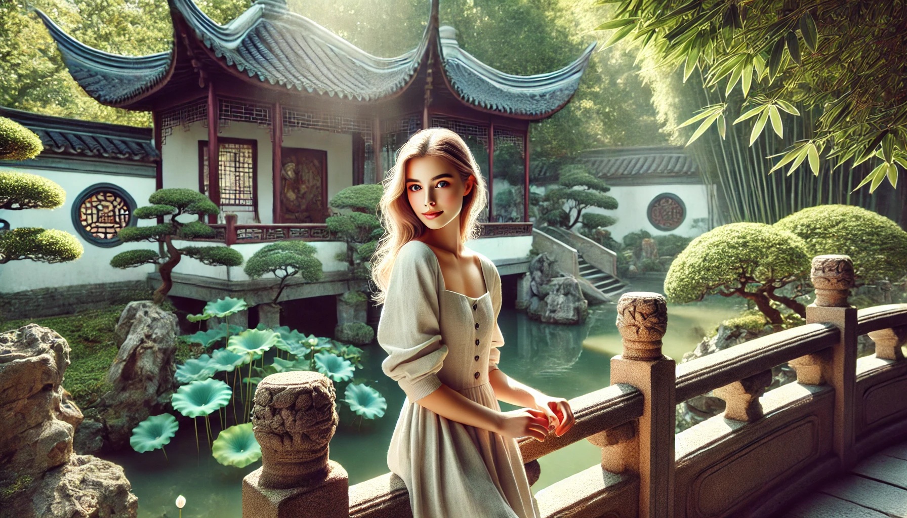 A young European woman with a gentle smile admires a traditional Chinese garden. She stands near a decorative stone bridge, gazing at a pond with lotus flowers and bamboo groves. Sunlight filters through the trees, highlighting a beautifully carved wooden pavilion in the background.