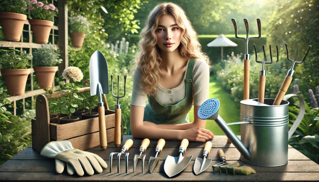 A neatly arranged set of essential gardening tools, including a trowel, pruning shears, rake, and watering can, displayed on a wooden table in a lush green garden. A woman in a gardening apron waters flowers in the background.