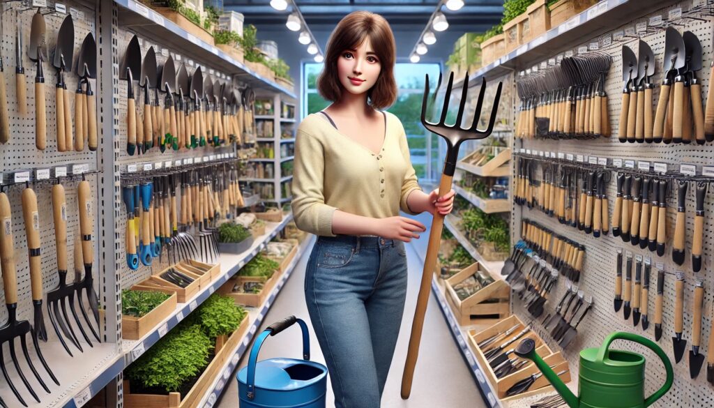 A well-organized garden supply store with shelves full of high-quality gardening tools. A woman in a yellow shirt and jeans examines a garden fork, surrounded by neatly arranged trowels, shovels, and watering cans.