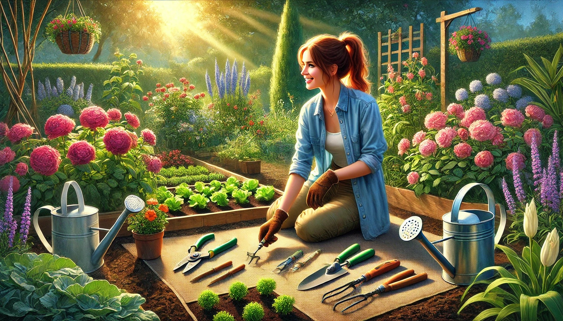 A thriving home garden with blooming flowers, green shrubs, and vegetable beds. In the foreground, a set of gardening tools rests on the soil, while a woman kneels on a mat, planting a flower with a joyful expression.