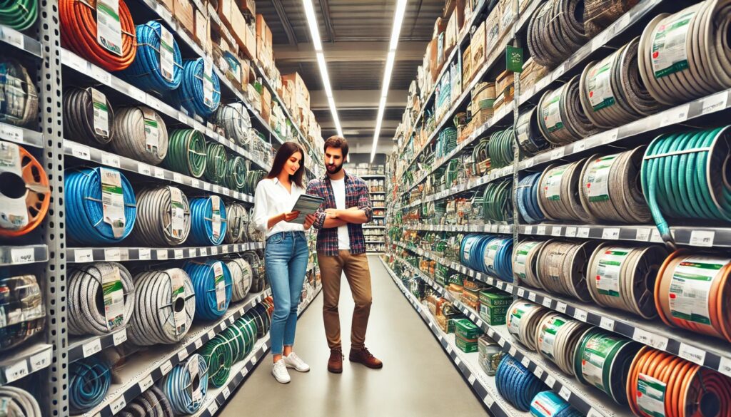 A young couple shops for a gardening hose in a well-stocked store aisle filled with various coiled hoses. The woman holds a hose package while the man reads the product details. The store is clean, organized, and brightly lit.