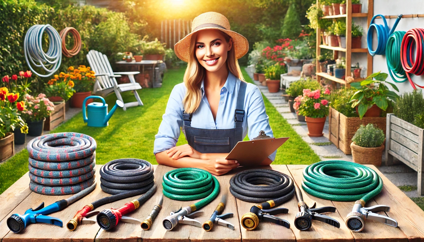 A knowledgeable woman in a sun hat and gardening shirt reviews different types of garden hoses on a wooden table in a vibrant outdoor setting. She holds a clipboard while evaluating heavy-duty, expandable, pocket, and standard vinyl hoses.