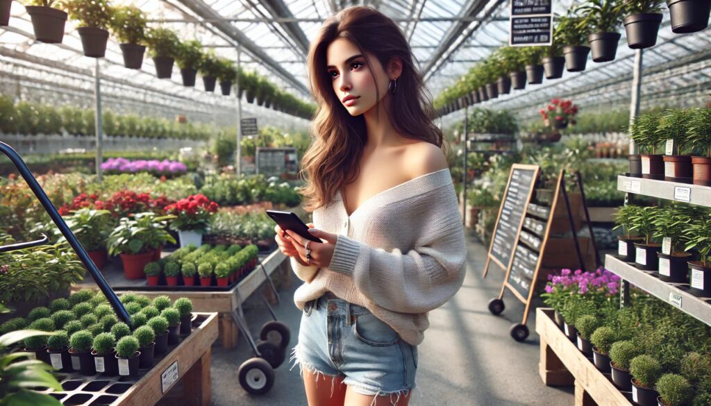 A thoughtful young woman with long brown hair holds a potted plant and checks her smartphone while standing in a bright and spacious gardening center filled with colorful flowers and greenery.