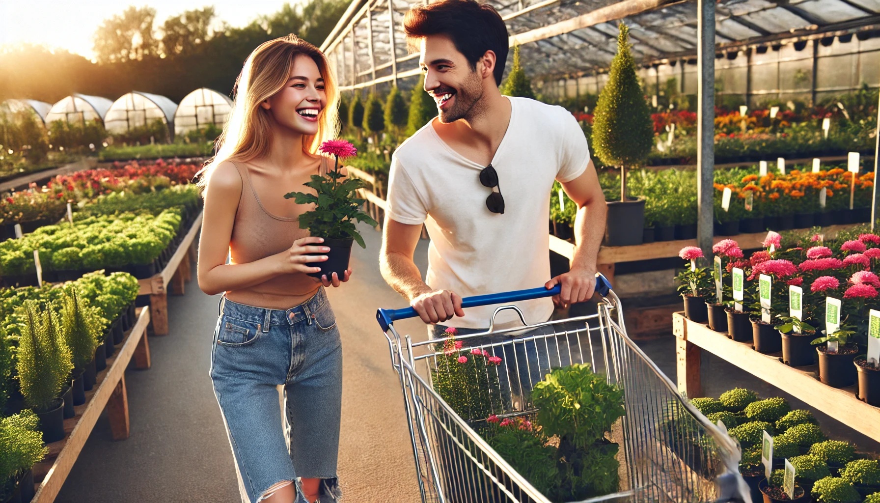 A happy young couple shops for plants at a bustling gardening center, with the woman holding a flowering plant and the man pushing a cart filled with seedlings and gardening tools.