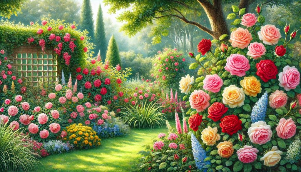 A vibrant garden with blooming red, pink, and yellow roses surrounded by lush green leaves.