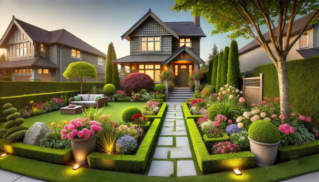 A beautifully landscaped front yard with vibrant flowers, neatly trimmed hedges, and a decorative stone pathway leading to a cozy suburban home. The garden features a lush green lawn, potted plants, and soft solar-powered lighting for a warm ambiance.