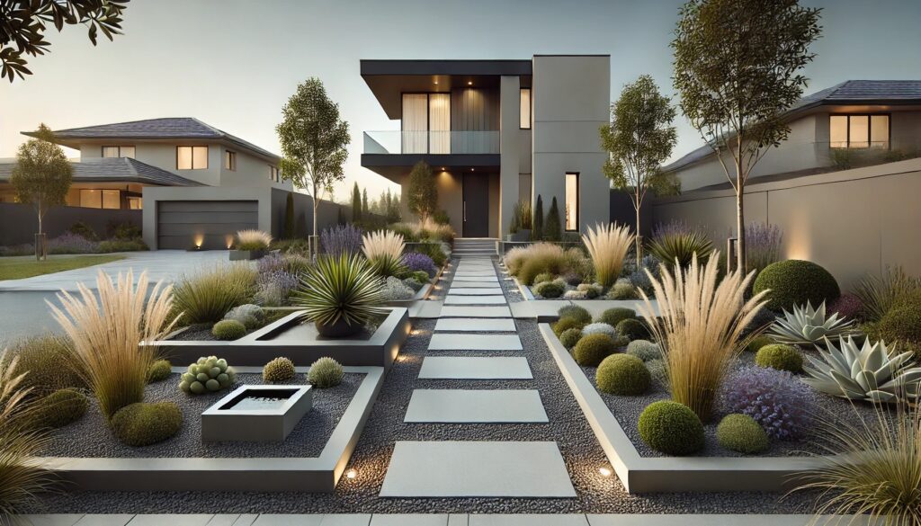 A sleek and minimalist front yard featuring geometric garden beds with drought-resistant plants, a contemporary stone pathway, and a small elegant water feature. The background showcases a modern house with large windows and neutral tones.