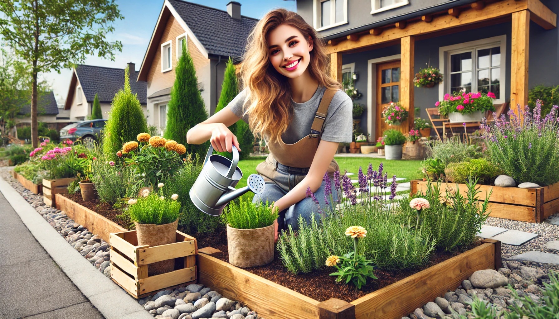 A budget-friendly front yard garden with eco-friendly landscaping, including ground covers, raised wooden garden beds, and a DIY stone pathway. A young woman in casual gardening attire is watering plants with a metal watering can, enjoying the serene atmosphere.