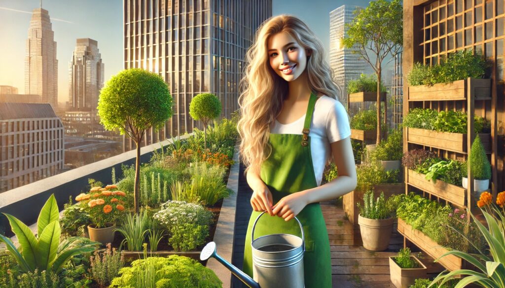 A cheerful young woman with long, wavy blonde hair tends to a lush rooftop garden filled with leafy greens, flowers, and small fruit trees. She wears a green gardening apron and waters a planter of fresh herbs. The background showcases a modern city skyline reflecting golden sunlight.