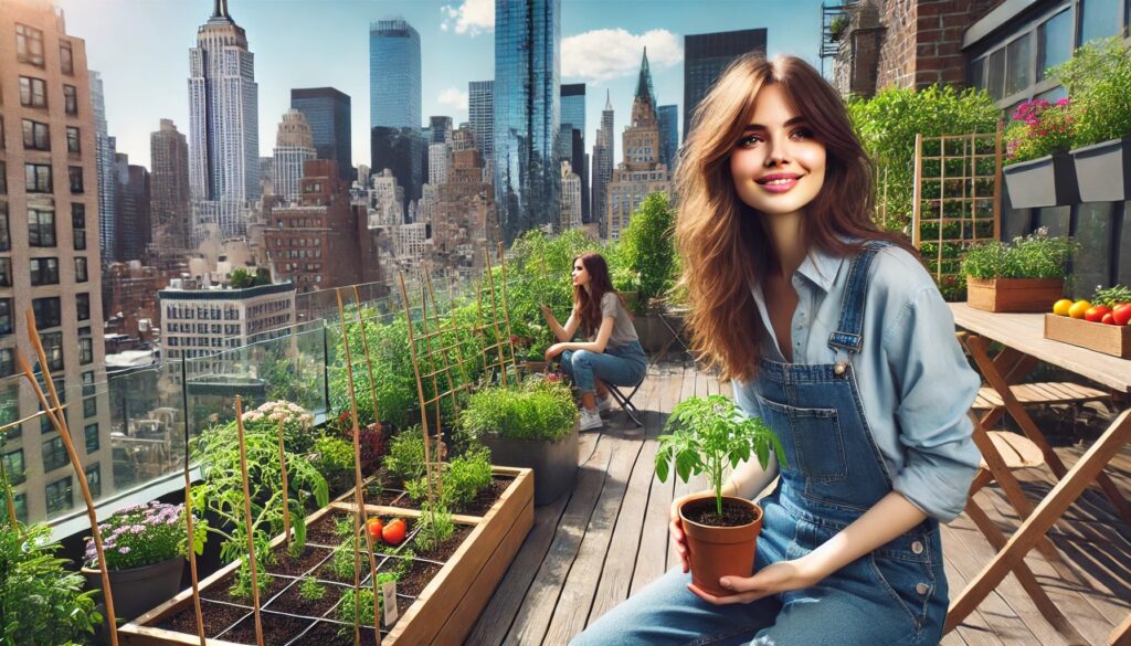 A woman with shoulder-length brown hair sits on a wooden bench in a vibrant rooftop urban garden in New York City. She holds a small potted plant with a delighted expression. The garden features tomatoes, basil, and flowers, with the NYC skyline visible in the background.