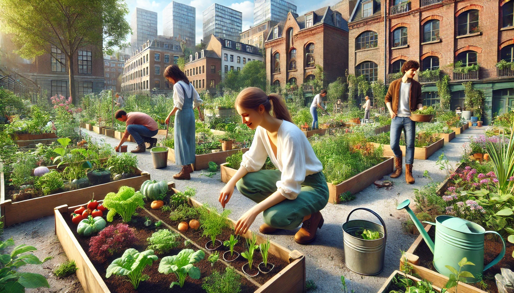 A young woman with a ponytail plants seedlings in a lively community garden surrounded by brick buildings and green rooftops. Other people are tending to vegetables and herbs, creating a vibrant urban green space under bright natural sunlight.