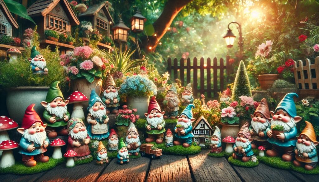 A vibrant garden with colorful garden gnomes in various poses, surrounded by blooming flowers and a wooden fence, illuminated by soft sunlight.