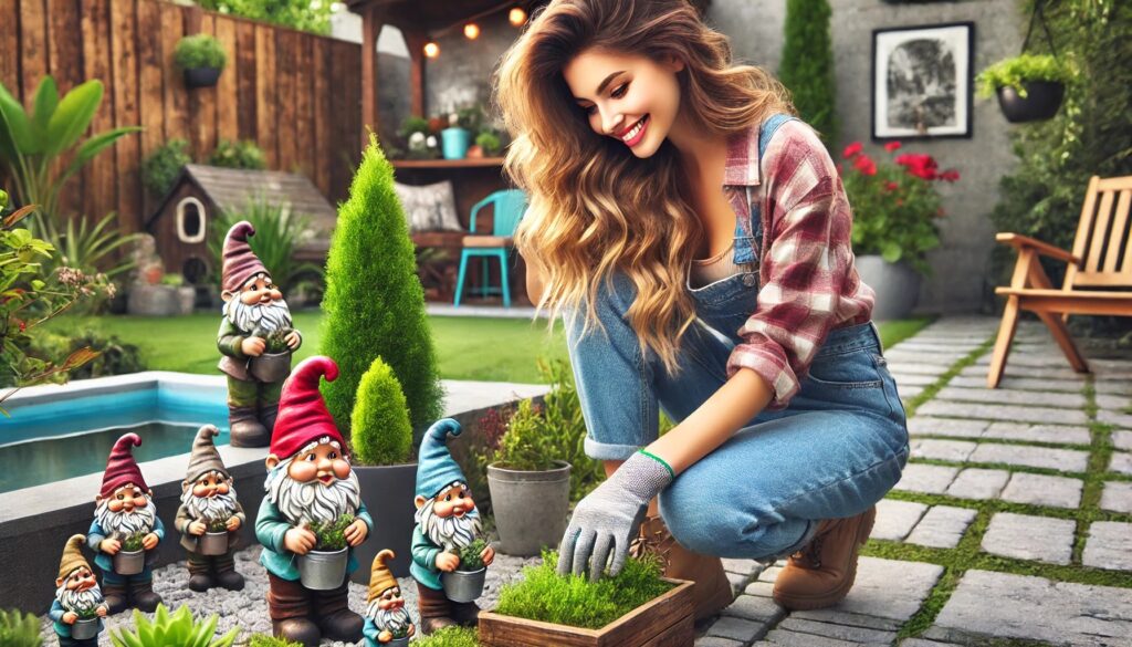 A cheerful young woman in gardening attire crouching in a backyard, thoughtfully selecting a garden gnome among different styles and sizes.