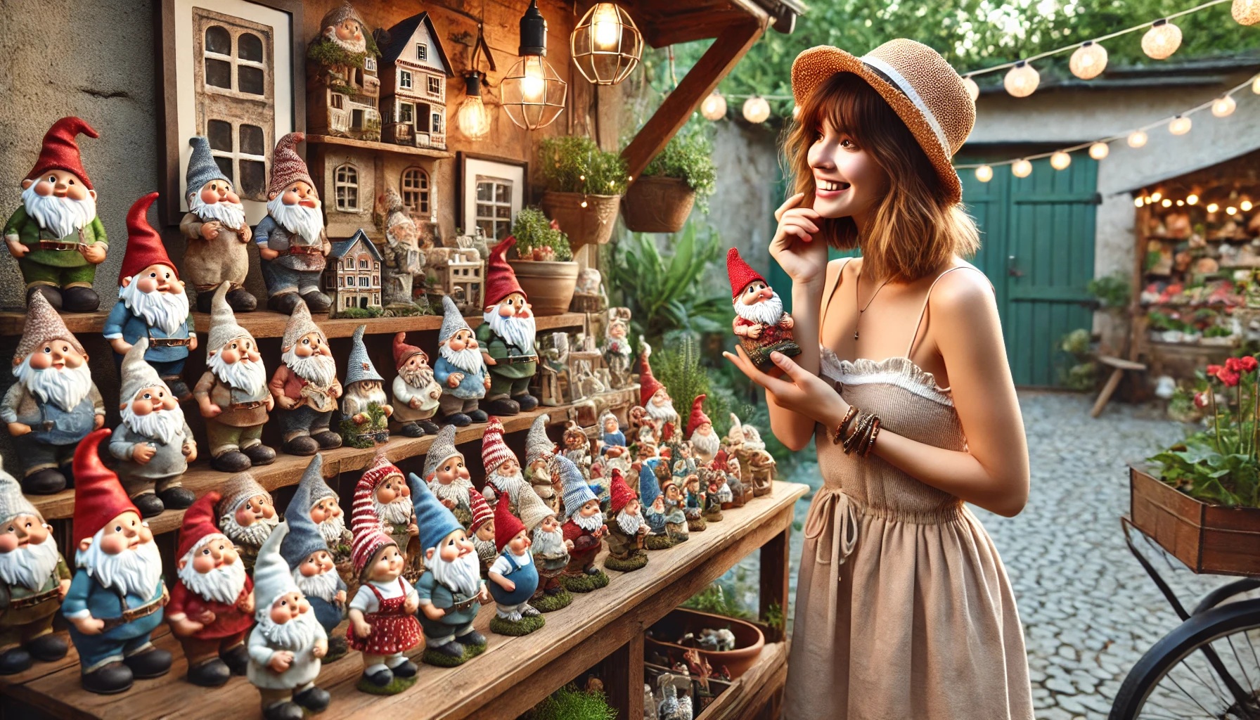 A cozy outdoor market stall with a variety of garden gnomes displayed on wooden shelves, as a woman in a sundress inspects one with excitement.