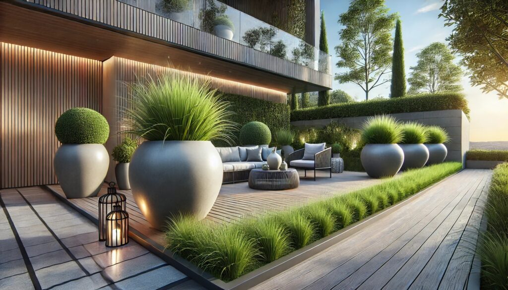 A modern outdoor patio with large, stylish planters placed along a wooden deck and stone pathway. The planters, made of fiberglass, concrete, and ceramic, contain lush green shrubs, ornamental grasses, and small trees, creating a sophisticated and relaxing outdoor ambiance.