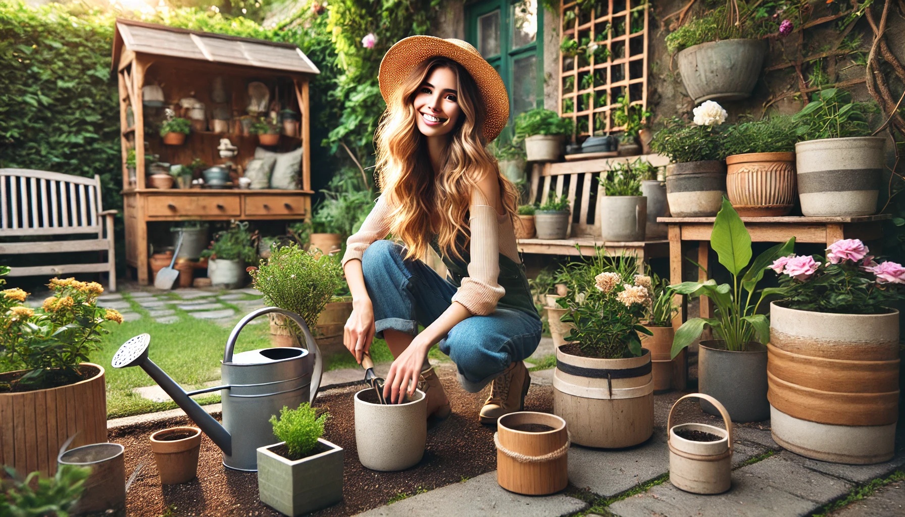 A smiling young woman with long, wavy blonde hair, wearing a casual summer dress and a straw hat, tending to her backyard garden. She is planting flowers in a ceramic pot, surrounded by wooden, clay, and plastic planters filled with healthy plants and blooming flowers in a charming outdoor setting.