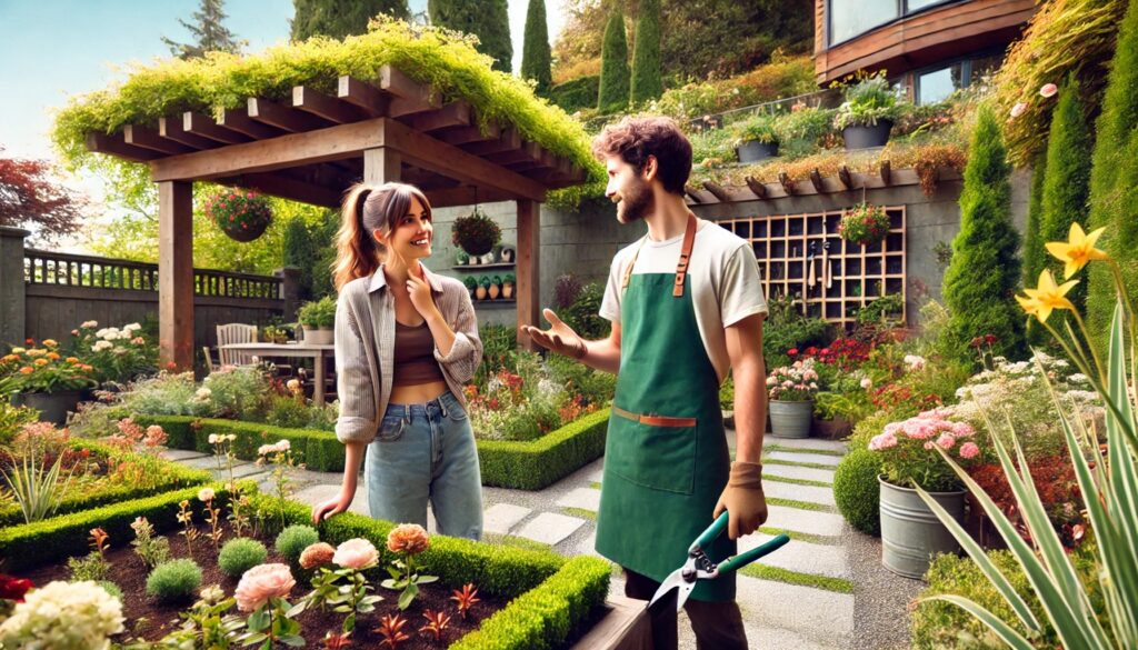 A young woman with brown hair tied in a ponytail, wearing a green gardening apron, talks to a professional gardener in a uniform at a well-kept garden in Victoria, Canada. The gardener, wearing a sun hat and holding pruning shears, gestures towards the plants. A pergola with blooming vines and a decorative stone pathway are in the background.