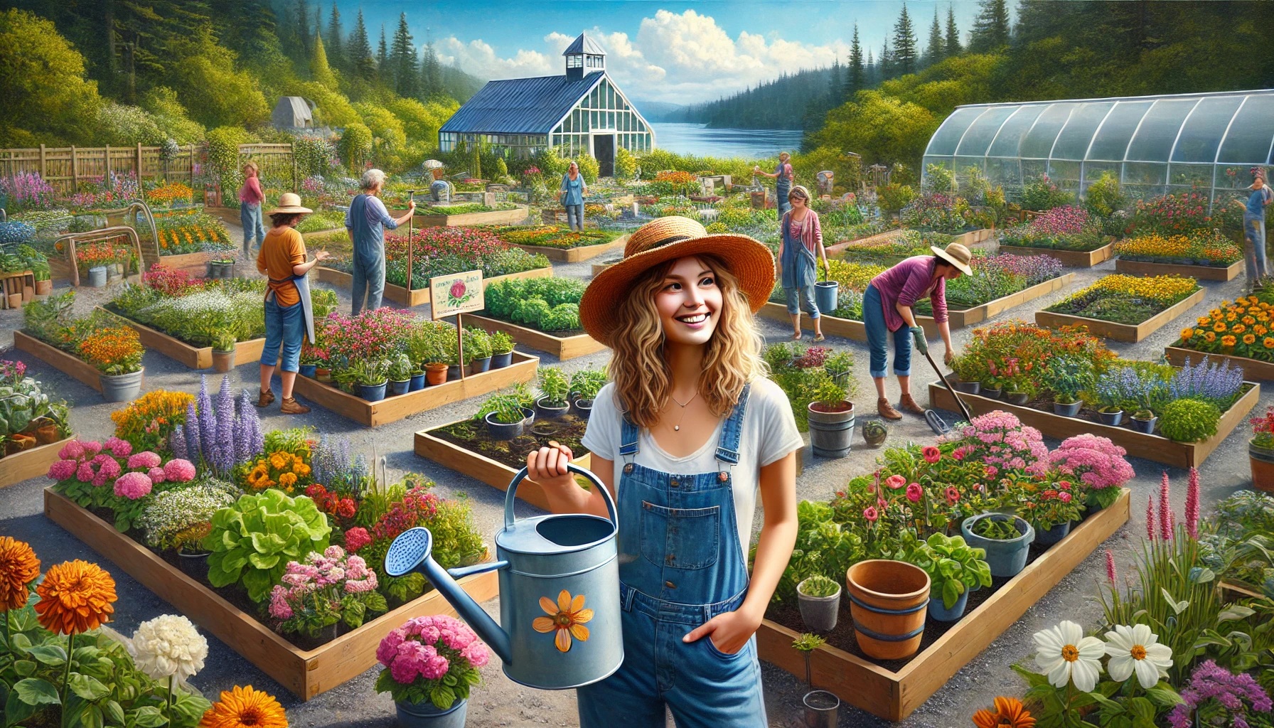 A lush community garden in Victoria, Canada, with colorful flower beds and thriving vegetable patches. A young woman with wavy blonde hair, wearing a straw hat and denim overalls, waters plants with a metal watering can. Other gardeners are planting and watering in the background, with a greenhouse, a wooden bench, and a bright blue sky visible.