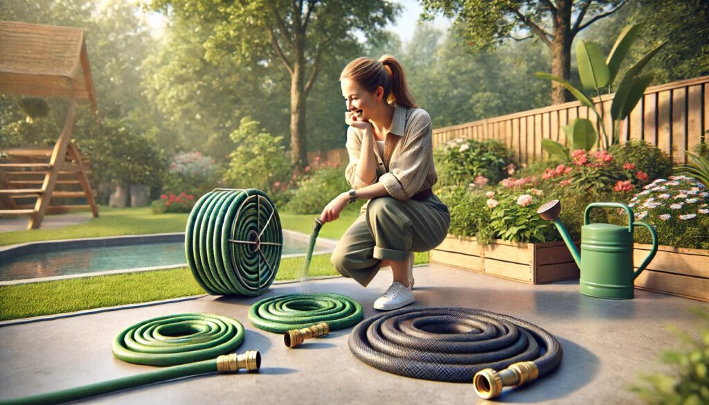 A young woman in a green gardening outfit crouches in a modern backyard, thoughtfully comparing different types of garden hoses neatly arranged on a patio. The background features a lush garden with blooming flowers and a wooden fence.