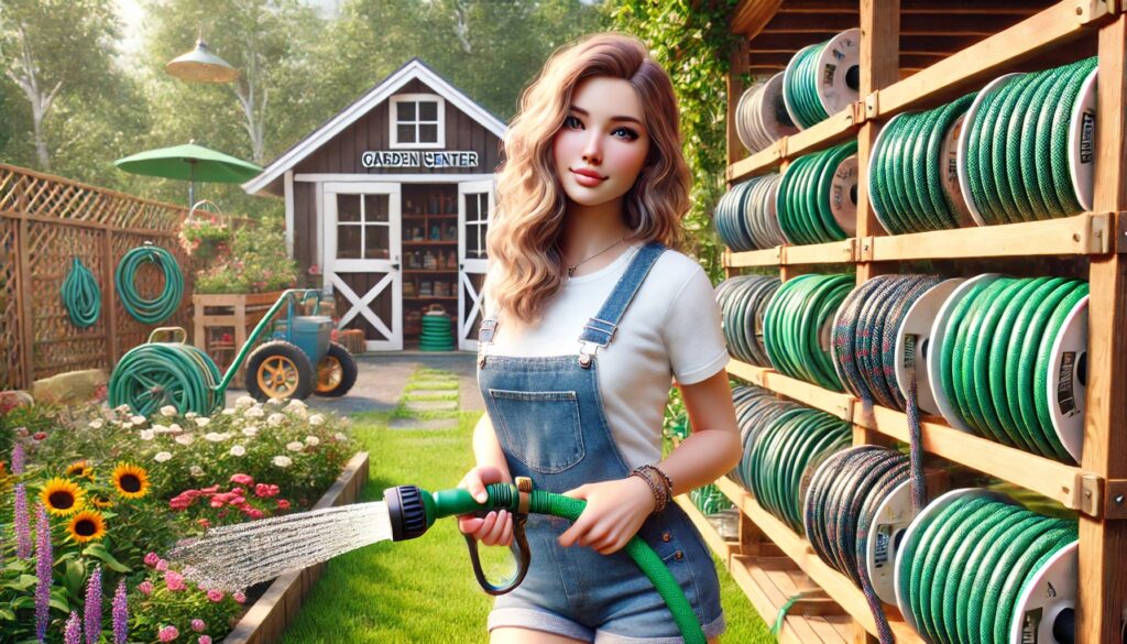 A woman in denim overalls stands in an outdoor garden center, holding a green hose nozzle and spraying water onto the grass. Behind her, a variety of hoses, including a heavy-duty reinforced hose and a Flexzilla hose, are displayed on racks.