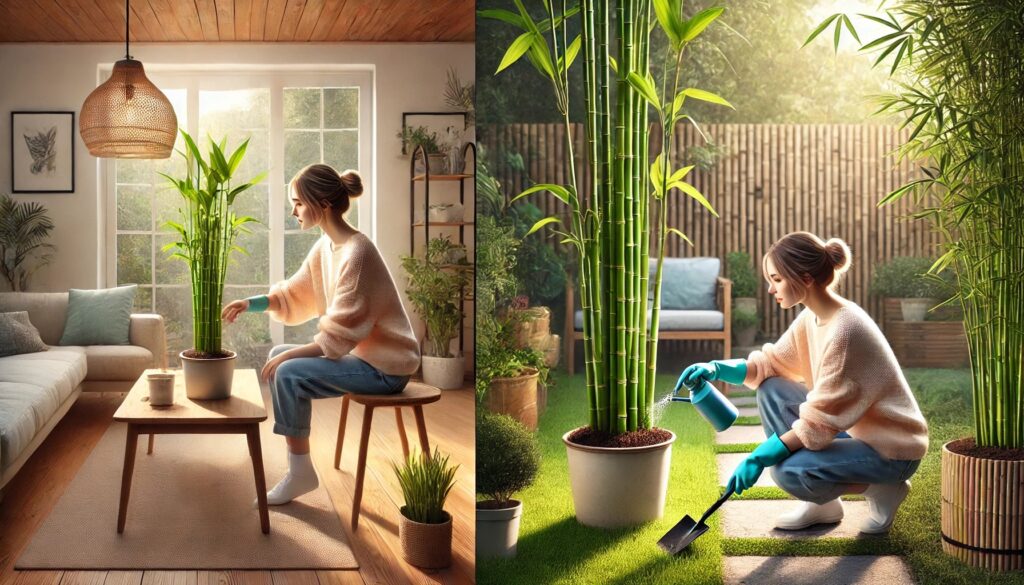 A split-view image showcasing both indoor and outdoor bamboo gardening. On the left, a woman in a cozy living room mists a lucky bamboo plant near a bright window. On the right, another woman tends to an outdoor potted bamboo plant in a well-maintained backyard garden.