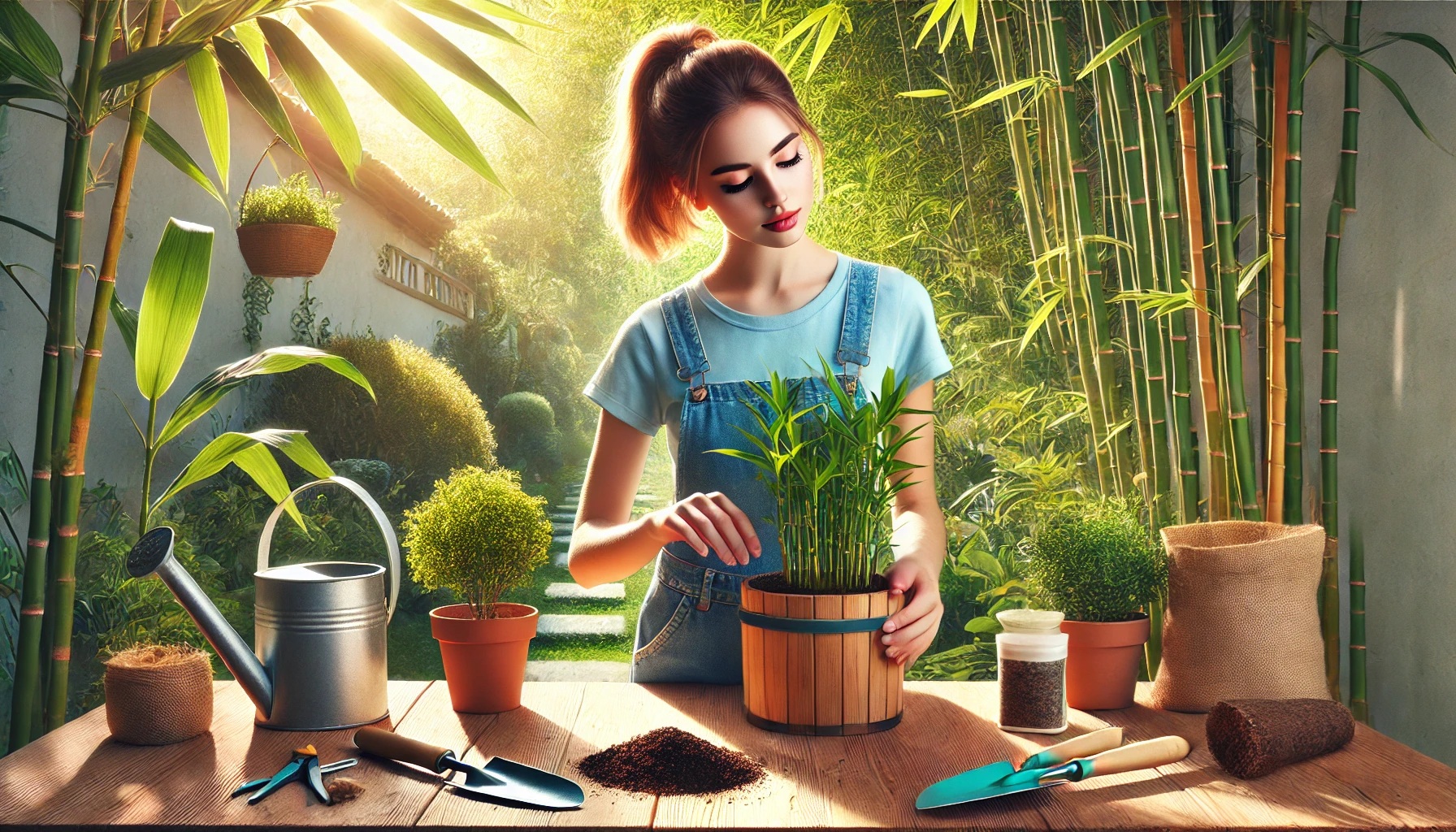 A woman carefully tending to a potted bamboo plant on a wooden gardening table, surrounded by essential tools like a watering can, pruning shears, and fertilizer. The background features a lush bamboo garden with tall green stalks swaying in the breeze.