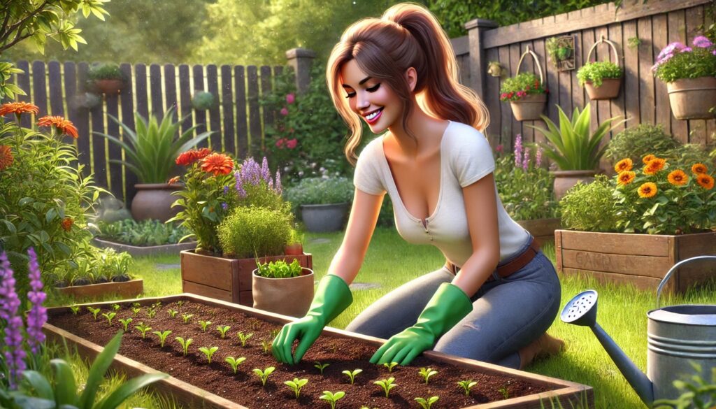 A young woman with light brown hair, wearing gardening gloves, kneeling in a sunny backyard garden while planting seeds into rich soil. Neatly arranged sprouts, colorful flowers, and a small wooden planter box surround her.