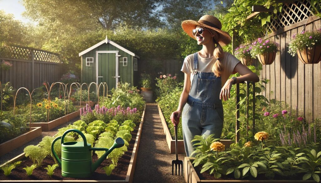 A woman in a sun hat and overalls standing in a well-maintained home garden, holding a watering can and a trowel. The garden features raised beds, blooming flowers, and climbing plants under warm sunlight.