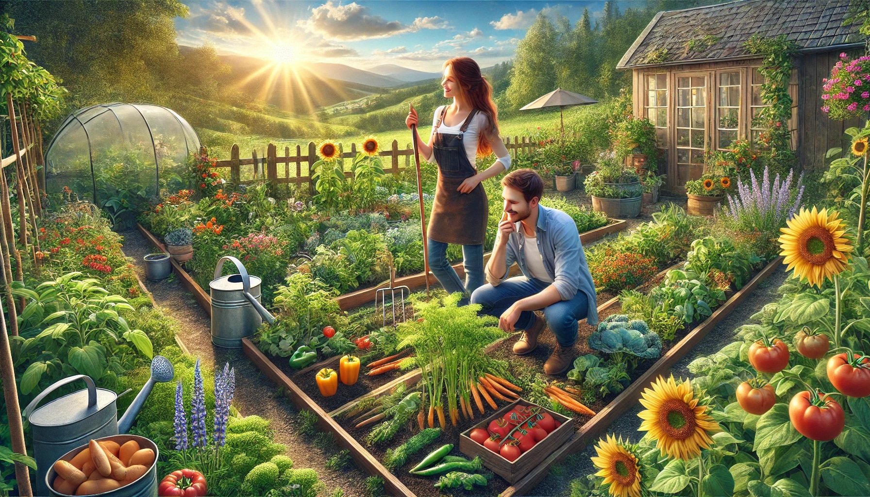 A cheerful couple in a lush countryside garden, tending to vibrant vegetables, flowers, and herbs. One is watering plants while the other inspects leaves, with a wooden fence, greenhouse, and compost bin in the background.