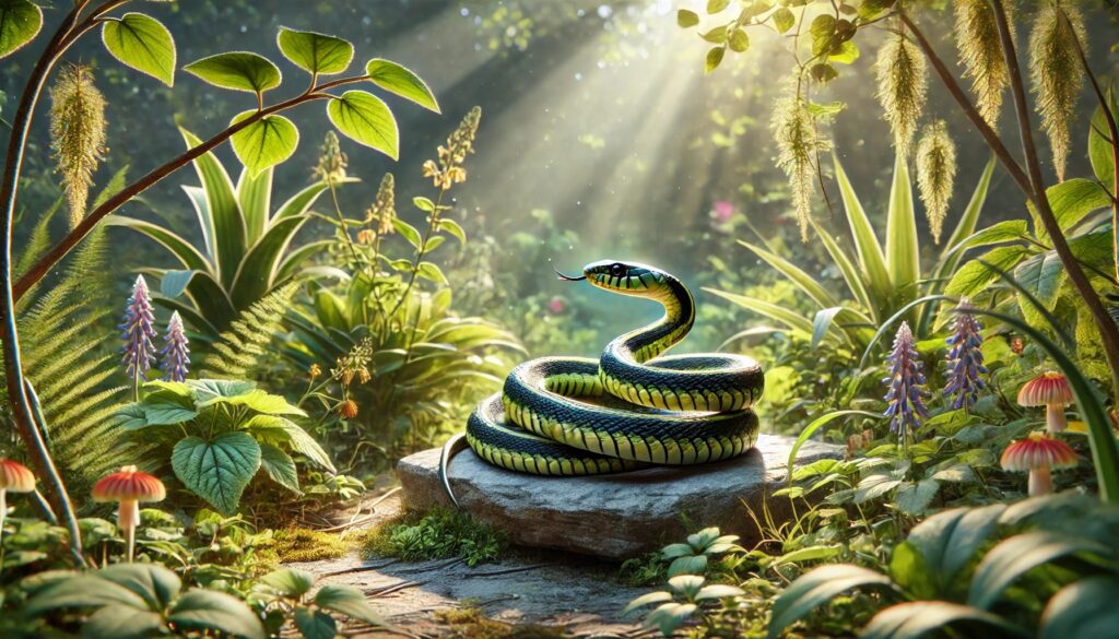 A garter snake with yellow and green stripes is coiled on a rock in a lush garden, surrounded by plants and flowers under warm sunlight.