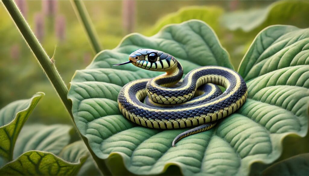 A small baby garter snake with delicate yellow and black stripes rests on a large green leaf, its tiny tongue flicking out as it explores its surroundings.