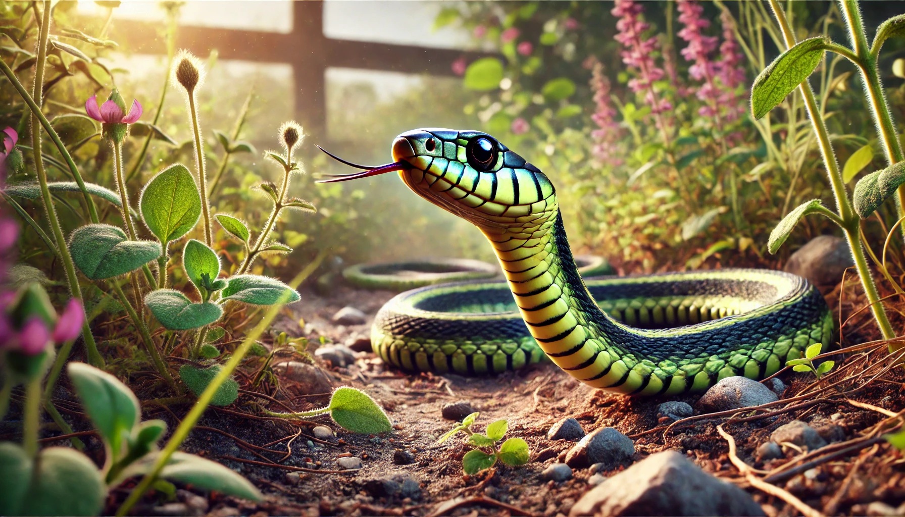 A close-up of a garter snake with vibrant yellow stripes on a dirt path, flicking its tongue while surrounded by small flowers and garden plants.