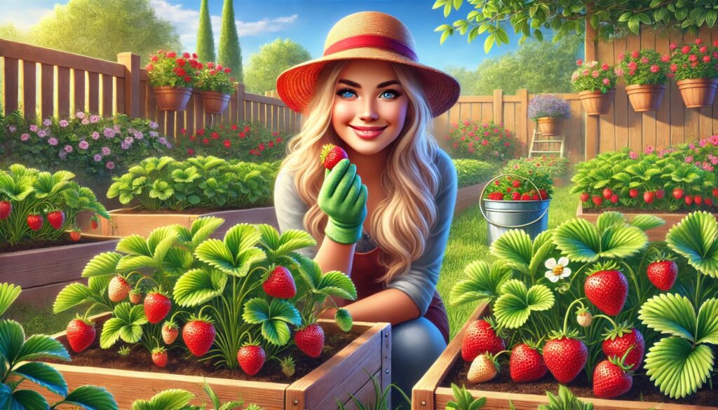 A young European woman with long blonde hair, wearing a sun hat and gardening gloves, tends to lush strawberry plants growing in raised beds and pots in a well-maintained backyard garden. A bright sunny sky and wooden fence create a warm and inviting atmosphere.