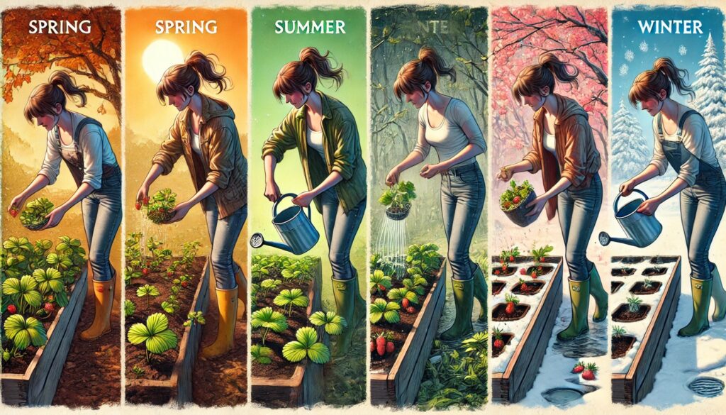 A visual guide illustrating the seasonal care of strawberry plants. The image showcases different stages: planting seedlings in spring, watering fruiting plants in summer, trimming leaves in fall, and protecting beds with mulch in winter. A young woman in casual outdoor clothing tends to the plants.