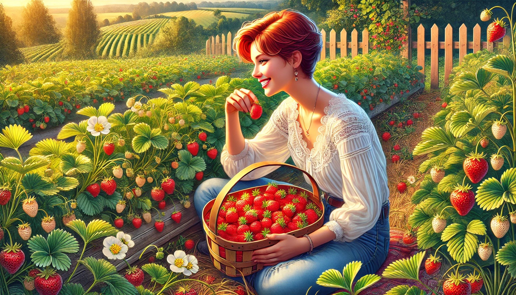 A joyful young European woman with short red hair, wearing a white blouse and jeans, sits in a garden filled with ripe strawberries. She holds a wooden basket overflowing with fresh strawberries while admiring her harvest. The garden features a wooden fence and rolling green hills in the background.