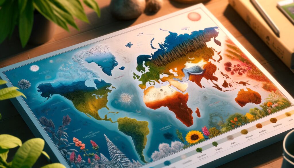 A detailed gardening zone map with a color gradient representing different climate zones, including snowy mountains, temperate forests, deserts, and tropical regions, with small illustrations of plants suited for each zone.