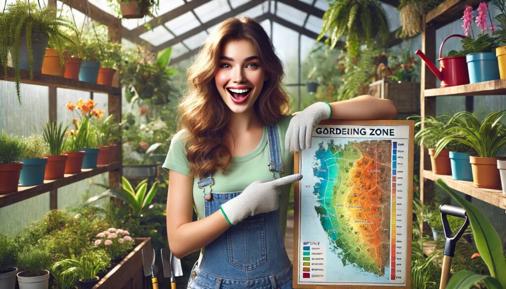 A cheerful young female gardener in a lush garden, pointing at a colorful gardening zone map displayed on a wooden board, with a greenhouse and various plants in the background.