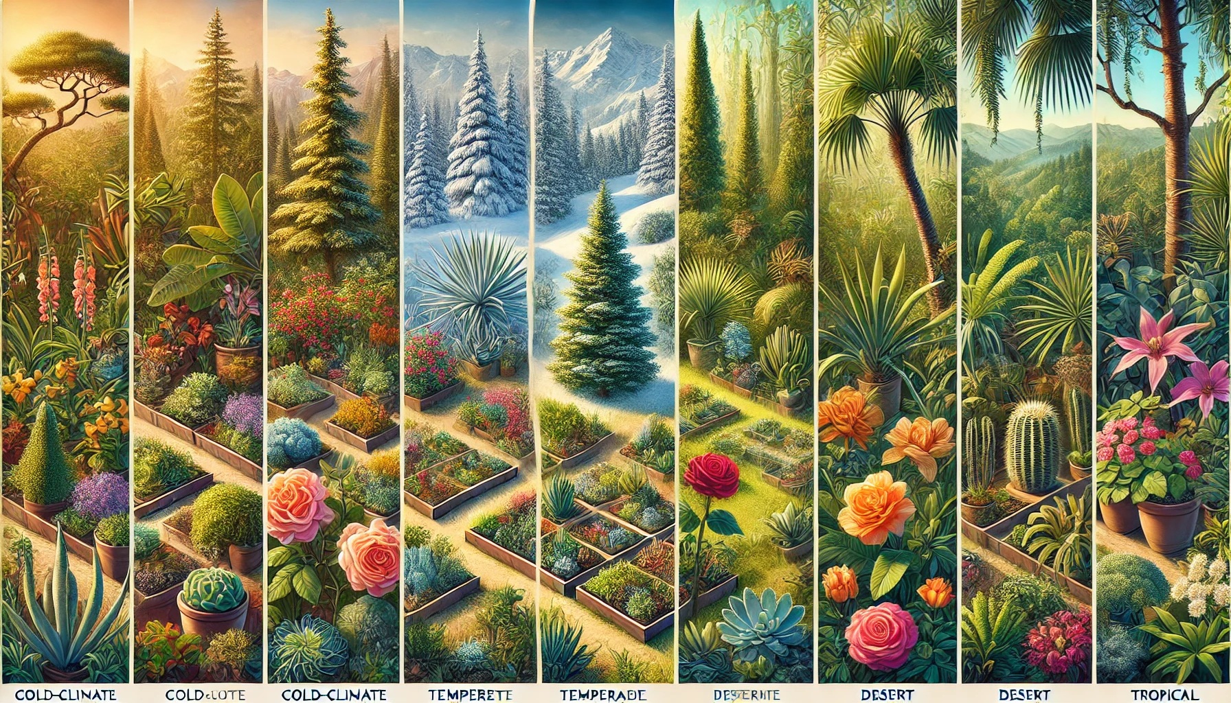 An organized display of plant species grouped by climate zones, featuring evergreen trees in snowy mountains, roses in a green meadow, cacti in a desert, and tropical plants in a rainforest setting.