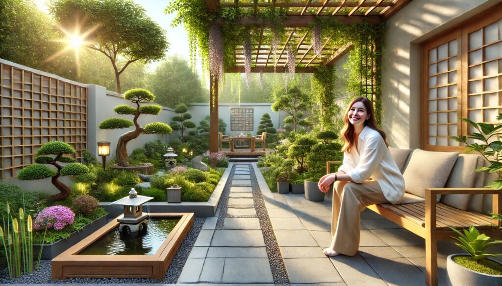 A serene Asian-inspired garden featuring a stone pathway, bamboo water fountain, wooden pergola with climbing wisteria, bonsai trees, and a koi pond. A young woman sits on a wooden bench, peacefully admiring the lush greenery under soft sunlight.