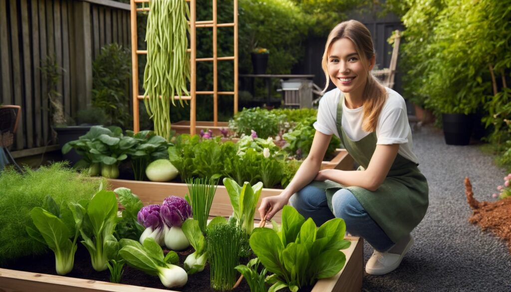 A well-maintained Asian vegetable garden with raised beds filled with bok choy, Japanese eggplant, daikon radish, and Chinese chives. A smiling woman in a gardening apron crouches beside the plants, inspecting the fresh produce under natural sunlight.