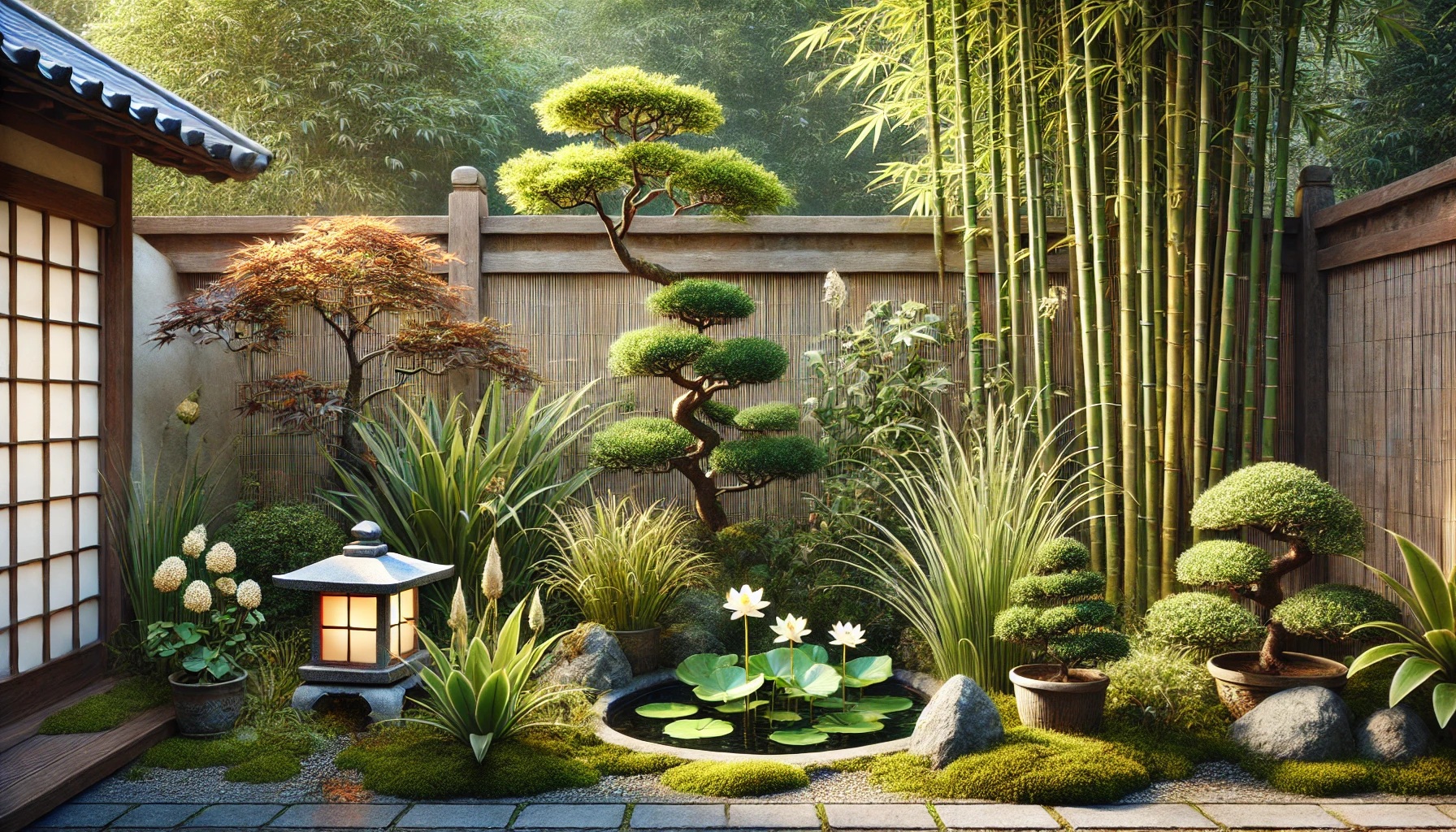 A tranquil Asian garden corner featuring bamboo, a Japanese maple tree, ornamental grasses, lotus flowers, and jasmine vines. A small stone lantern sits among the greenery, with sunlight filtering gently through the leaves, creating a peaceful atmosphere.