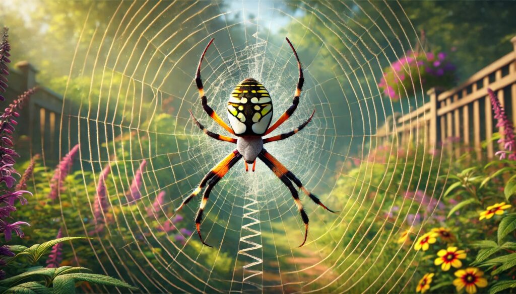 A yellow garden spider (Argiope aurantia) sits in the center of its intricate orb-shaped web, stretched between two garden plants. Its bold black and yellow markings contrast against a lush green garden background with colorful flowers.